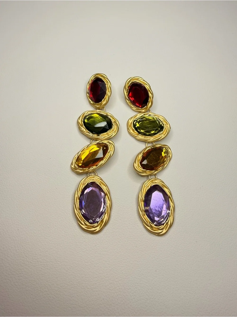 Goldtone Drop Earrings with Red, Yellow, Orange & Purple Stones